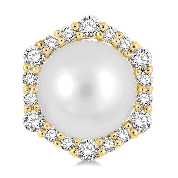 7 MM Cultured Pearls and 1/3 Ctw Hexagon Shape Round Cut Diamond Earrings in 14K Yellow Gold