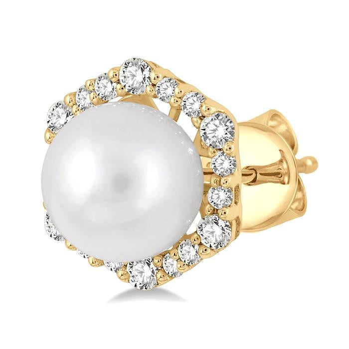 7 MM Cultured Pearls and 1/3 Ctw Hexagon Shape Round Cut Diamond Earrings in 14K Yellow Gold