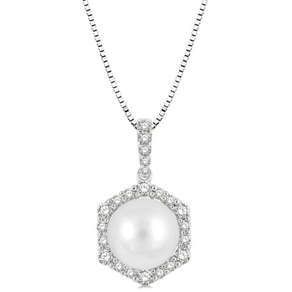 8 MM Cultured Pearl and 1/3 Ctw Hexagon Shape Round Cut Diamond Pendant With Chain in 14K White Gold