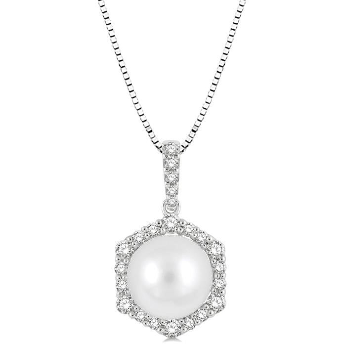 8 MM Cultured Pearl and 1/3 Ctw Hexagon Shape Round Cut Diamond Pendant With Chain in 14K White Gold