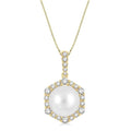 8 MM Cultured Pearl and 1/3 Ctw Hexagon Shape Round Cut Diamond Pendant With Chain in 14K Yellow Gold
