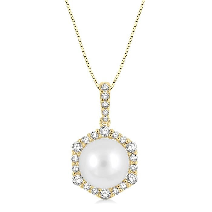 8 MM Cultured Pearl and 1/3 Ctw Hexagon Shape Round Cut Diamond Pendant With Chain in 14K Yellow Gold