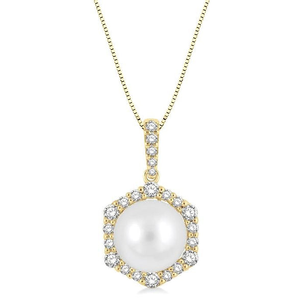 8 MM Cultured Pearl and 1/3 Ctw Hexagon Shape Round Cut Diamond Pendant With Chain in 14K Yellow Gold