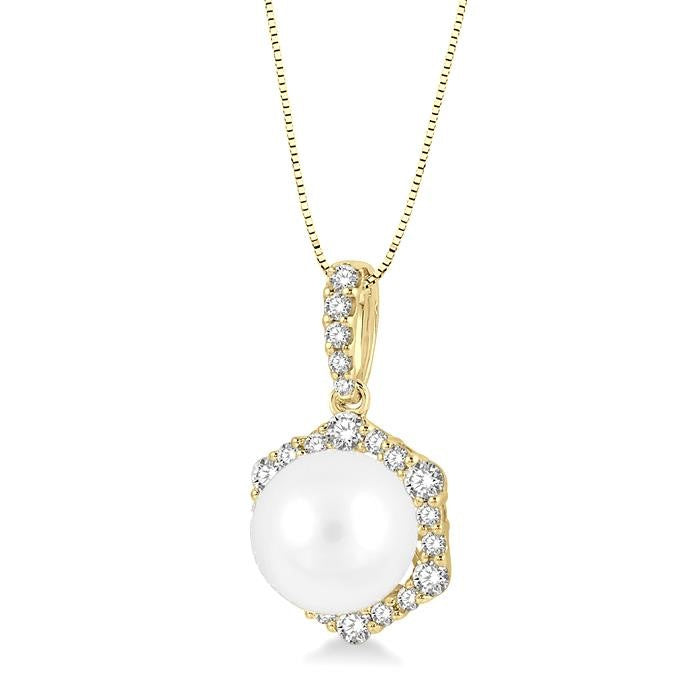 8 MM Cultured Pearl and 1/3 Ctw Hexagon Shape Round Cut Diamond Pendant With Chain in 14K Yellow Gold