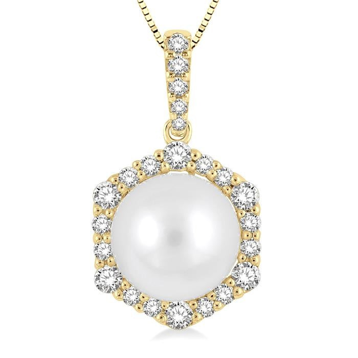 8 MM Cultured Pearl and 1/3 Ctw Hexagon Shape Round Cut Diamond Pendant With Chain in 14K Yellow Gold