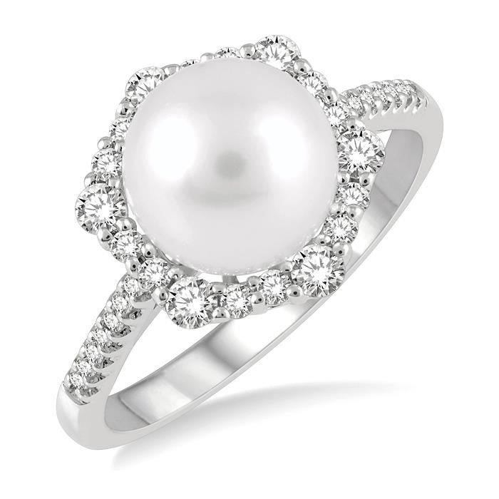 8 MM Cultured Pearl and 1/3 Ctw Hexagon Shape Round Cut Diamond Ring in 14K White Gold
