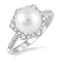 8 MM Cultured Pearl and 1/3 Ctw Hexagon Shape Round Cut Diamond Ring in 14K White Gold