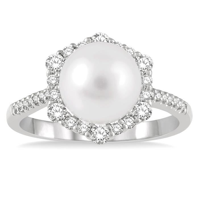 8 MM Cultured Pearl and 1/3 Ctw Hexagon Shape Round Cut Diamond Ring in 14K White Gold