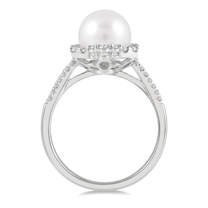 8 MM Cultured Pearl and 1/3 Ctw Hexagon Shape Round Cut Diamond Ring in 14K White Gold