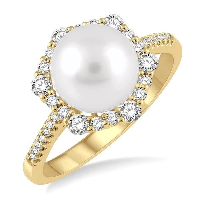 8 MM Cultured Pearl and 1/3 Ctw Hexagon Shape Round Cut Diamond Ring in 14K Yellow Gold