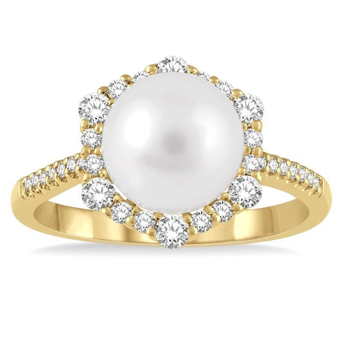 8 MM Cultured Pearl and 1/3 Ctw Hexagon Shape Round Cut Diamond Ring in 14K Yellow Gold
