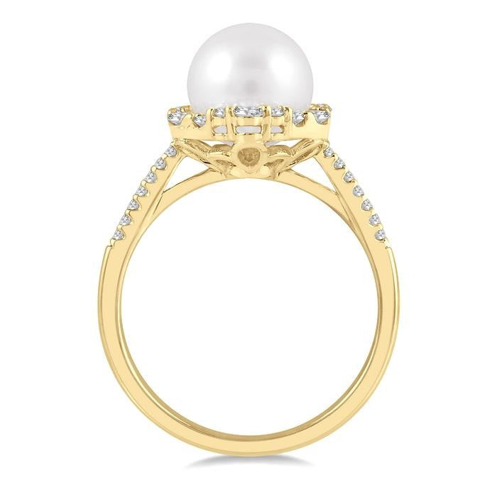 8 MM Cultured Pearl and 1/3 Ctw Hexagon Shape Round Cut Diamond Ring in 14K Yellow Gold