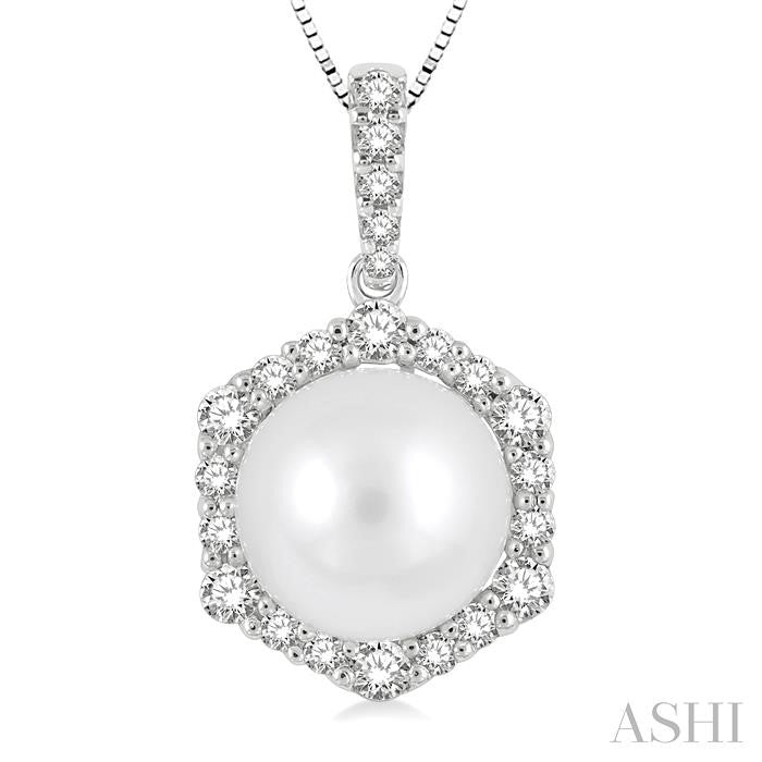 8 MM Cultured Pearl and 1/3 Ctw Hexagon Shape Round Cut Diamond Pendant With Chain in 14K White Gold