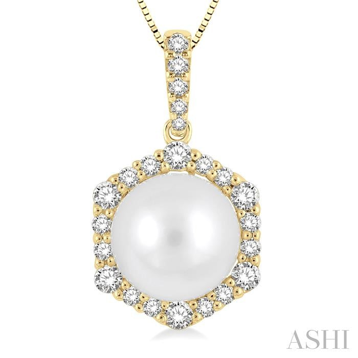 8 MM Cultured Pearl and 1/3 Ctw Hexagon Shape Round Cut Diamond Pendant With Chain in 14K Yellow Gold