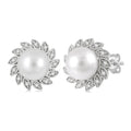6x6 MM Round Shape Cultured Pearls and 1/10 Ctw Sunflower Round Cut Diamond Earrings in 10K White Gold