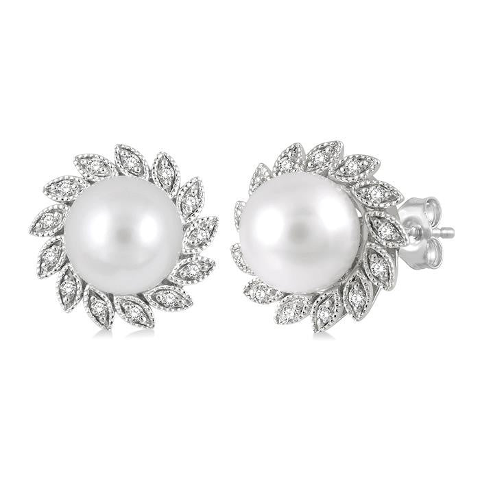6x6 MM Round Shape Cultured Pearls and 1/10 Ctw Sunflower Round Cut Diamond Earrings in 10K White Gold