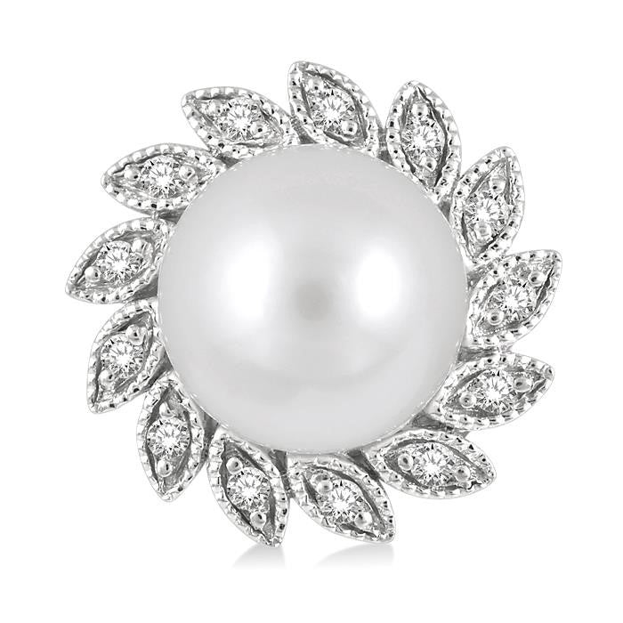 6x6 MM Round Shape Cultured Pearls and 1/10 Ctw Sunflower Round Cut Diamond Earrings in 10K White Gold