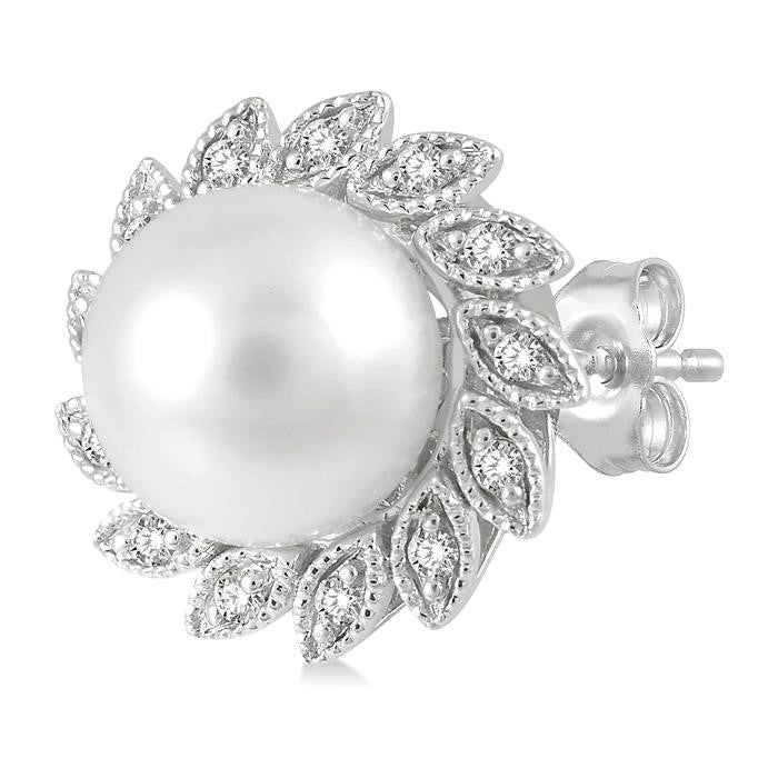 6x6 MM Round Shape Cultured Pearls and 1/10 Ctw Sunflower Round Cut Diamond Earrings in 10K White Gold
