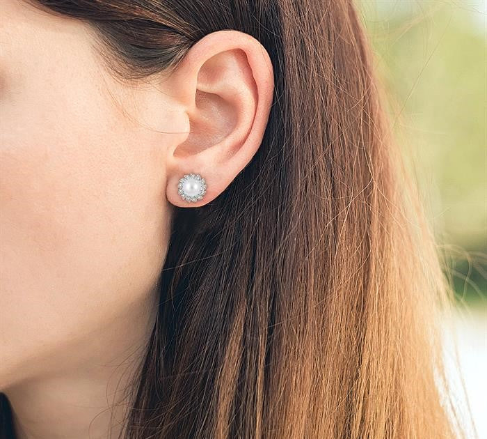 6x6 MM Round Shape Cultured Pearls and 1/10 Ctw Sunflower Round Cut Diamond Earrings in 10K White Gold