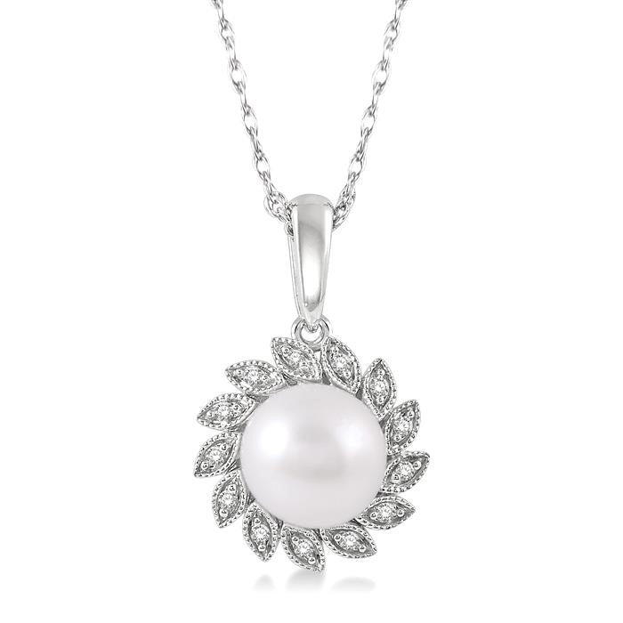 7x7 MM Round Shape Cultured Pearl and 1/10 Ctw Sunflower Round Cut Diamond Pendant With Chain in 10K White Gold