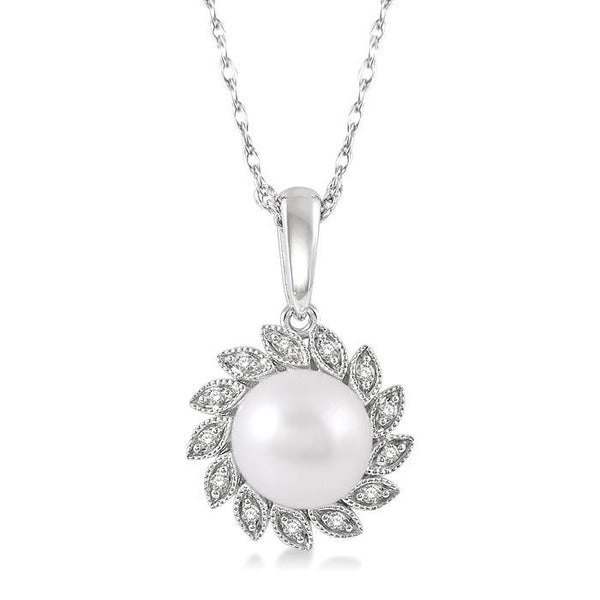 7x7 MM Round Shape Cultured Pearl and 1/10 Ctw Sunflower Round Cut Diamond Pendant With Chain in 10K White Gold