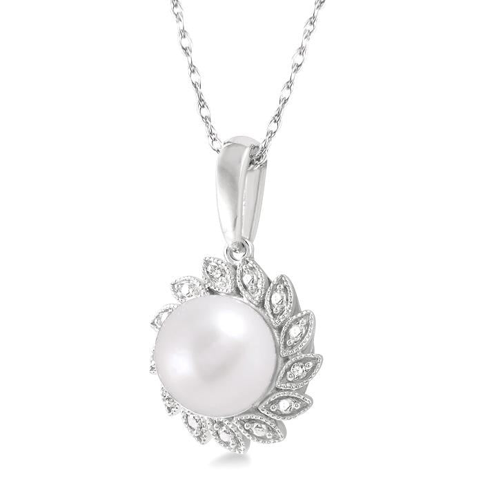 7x7 MM Round Shape Cultured Pearl and 1/10 Ctw Sunflower Round Cut Diamond Pendant With Chain in 10K White Gold