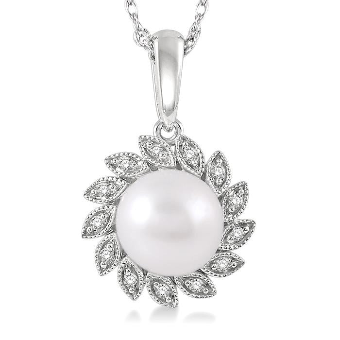 7x7 MM Round Shape Cultured Pearl and 1/10 Ctw Sunflower Round Cut Diamond Pendant With Chain in 10K White Gold