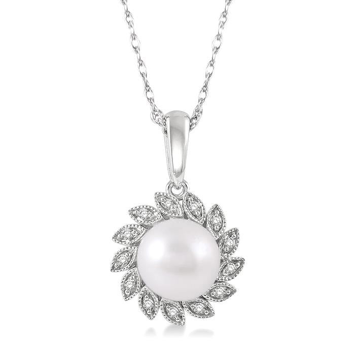 7x7 MM Round Shape Cultured Pearl and 1/10 Ctw Sunflower Round Cut Diamond Pendant With Chain in 10K White Gold
