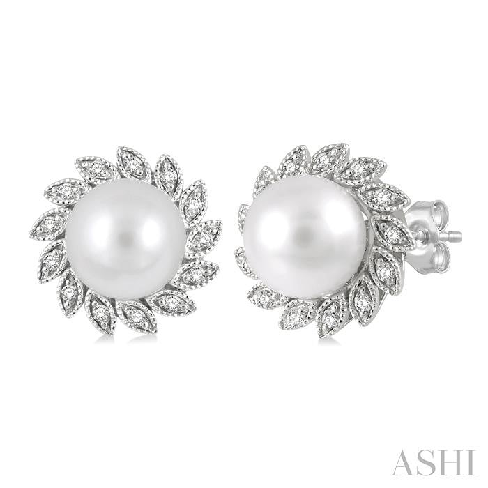 6x6 MM Round Shape Cultured Pearls and 1/10 Ctw Sunflower Round Cut Diamond Earrings in 10K White Gold