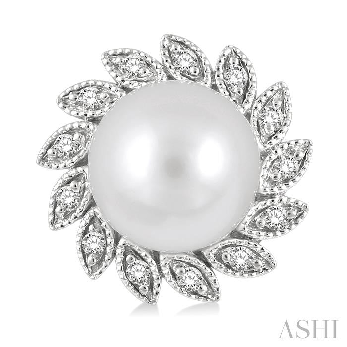 6x6 MM Round Shape Cultured Pearls and 1/10 Ctw Sunflower Round Cut Diamond Earrings in 10K White Gold