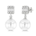 6 MM Cultured Pearls and 1/10 Ctw Baguette and Round Cut Diamond Earrings in 14K White Gold
