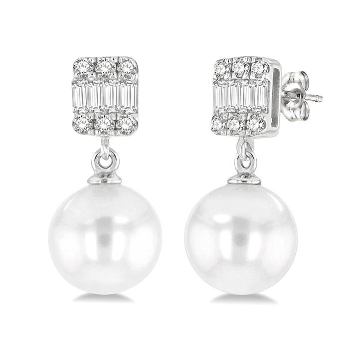 6 MM Cultured Pearls and 1/10 Ctw Baguette and Round Cut Diamond Earrings in 14K White Gold