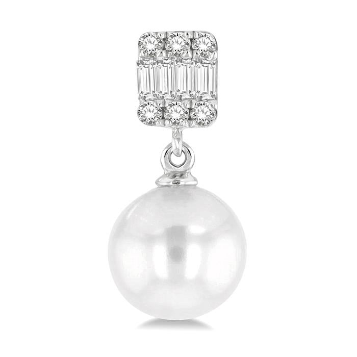 6 MM Cultured Pearls and 1/10 Ctw Baguette and Round Cut Diamond Earrings in 14K White Gold