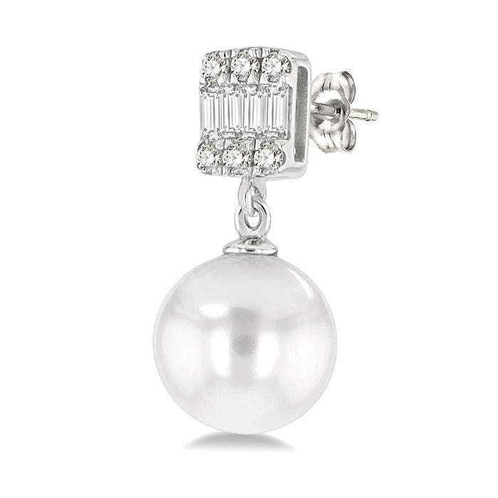6 MM Cultured Pearls and 1/10 Ctw Baguette and Round Cut Diamond Earrings in 14K White Gold