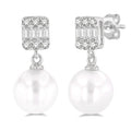 6 MM Cultured Pearls and 1/10 Ctw Baguette and Round Cut Diamond Earrings in 10K White Gold