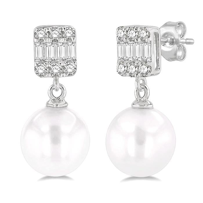 6 MM Cultured Pearls and 1/10 Ctw Baguette and Round Cut Diamond Earrings in 10K White Gold