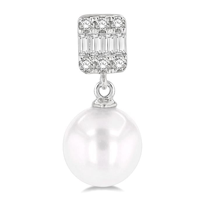 6 MM Cultured Pearls and 1/10 Ctw Baguette and Round Cut Diamond Earrings in 10K White Gold