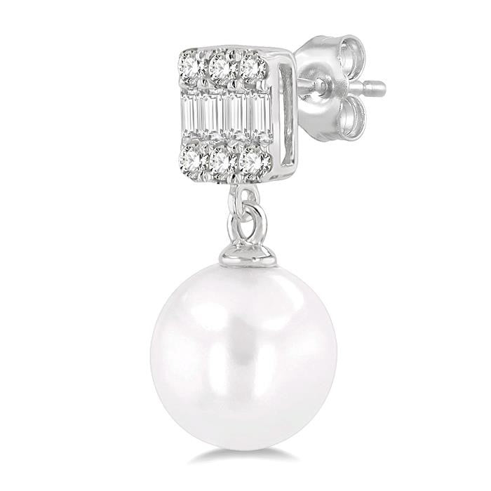 6 MM Cultured Pearls and 1/10 Ctw Baguette and Round Cut Diamond Earrings in 10K White Gold