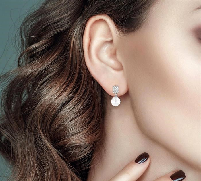 6 MM Cultured Pearls and 1/10 Ctw Baguette and Round Cut Diamond Earrings in 10K White Gold