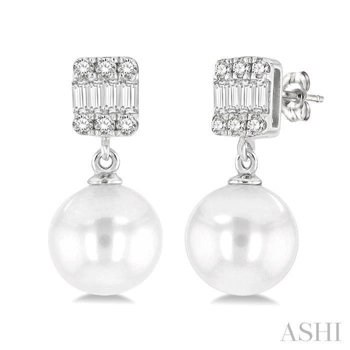 6 MM Cultured Pearls and 1/10 Ctw Baguette and Round Cut Diamond Earrings in 14K White Gold
