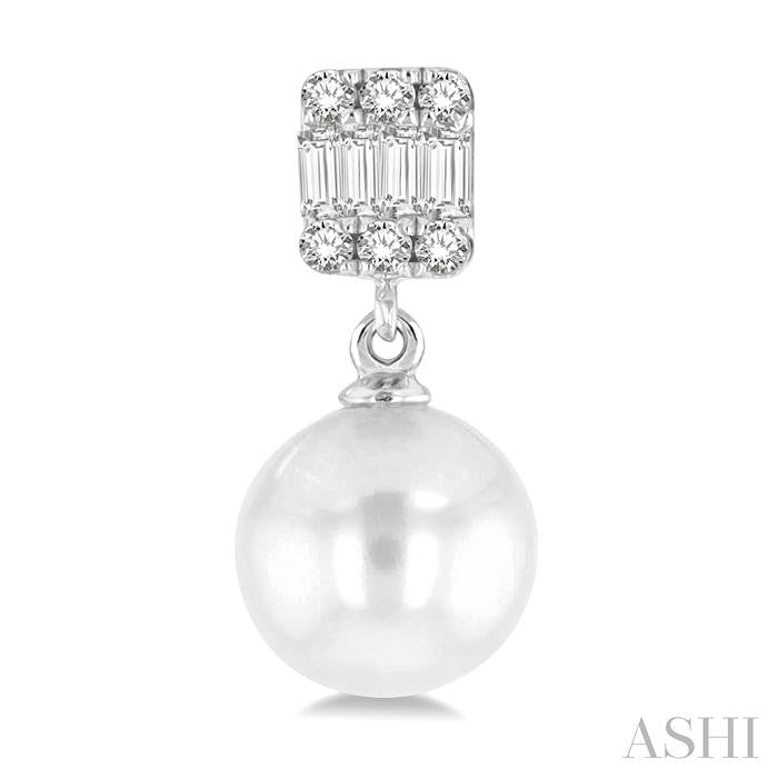 6 MM Cultured Pearls and 1/10 Ctw Baguette and Round Cut Diamond Earrings in 14K White Gold