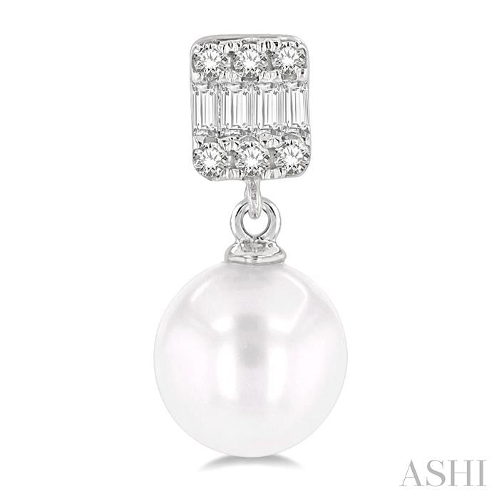 6 MM Cultured Pearls and 1/10 Ctw Baguette and Round Cut Diamond Earrings in 10K White Gold