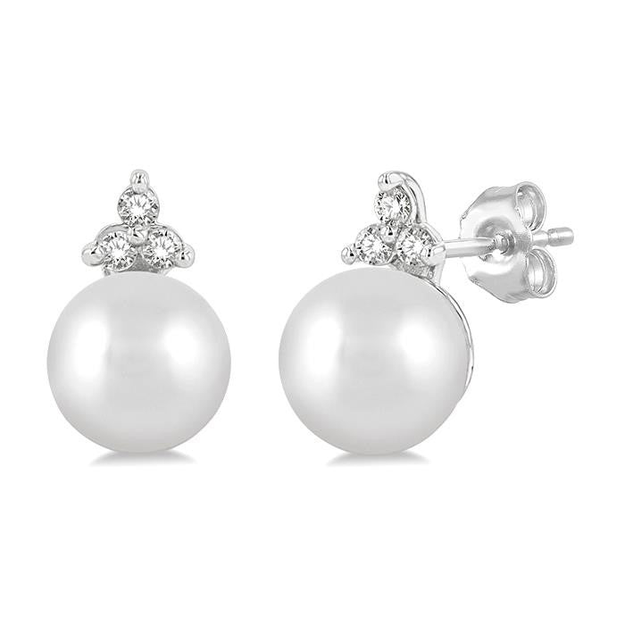 5.5 MM Round Cut Cultured Pearl and 1/20 Ctw Petite Round Cut Diamond Fashion Stud Earrings in 10K White Gold