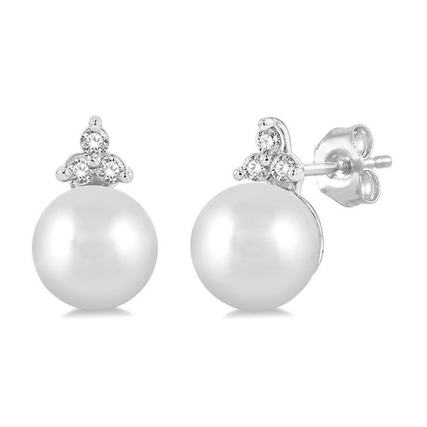 5.5 MM Round Cut Cultured Pearl and 1/20 Ctw Petite Round Cut Diamond Fashion Stud Earrings in 10K White Gold