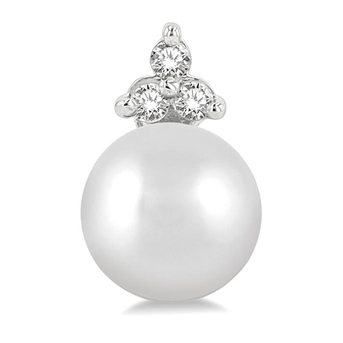 5.5 MM Round Cut Cultured Pearl and 1/20 Ctw Petite Round Cut Diamond Fashion Stud Earrings in 10K White Gold
