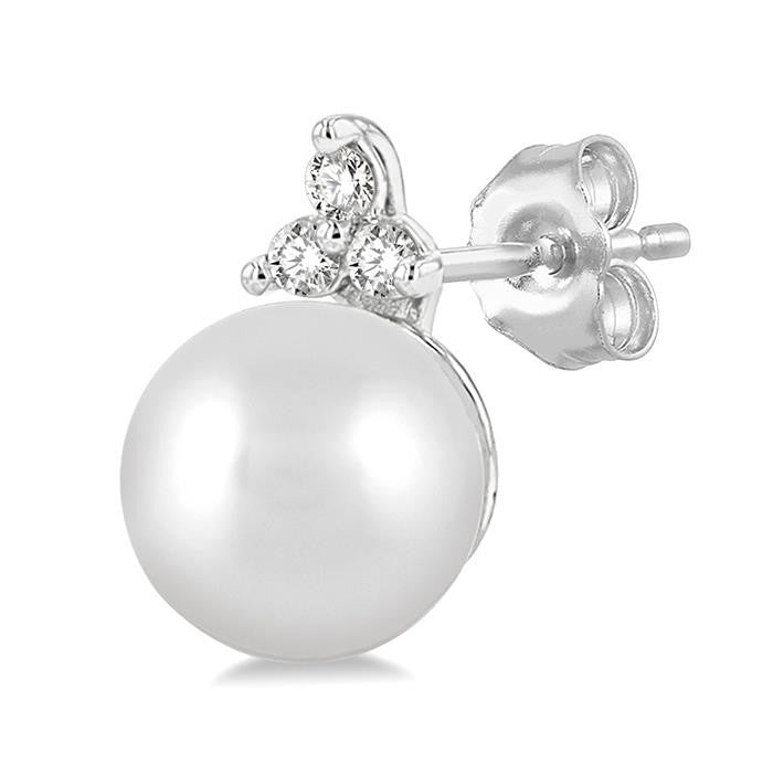 5.5 MM Round Cut Cultured Pearl and 1/20 Ctw Petite Round Cut Diamond Fashion Stud Earrings in 10K White Gold