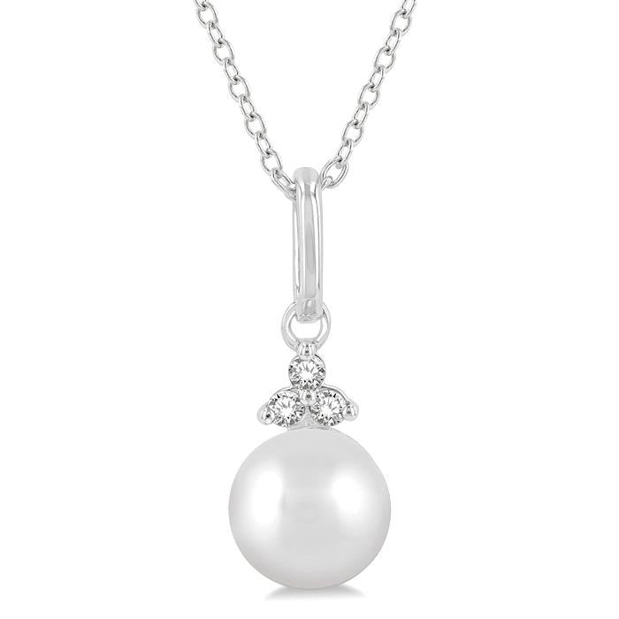 6 MM Round Shape Cultured Pearl and 1/50 Ctw Round Cut Diamond Petite Fashion Pendant With Chain in 10K White Gold