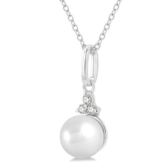 6 MM Round Shape Cultured Pearl and 1/50 Ctw Round Cut Diamond Petite Fashion Pendant With Chain in 10K White Gold