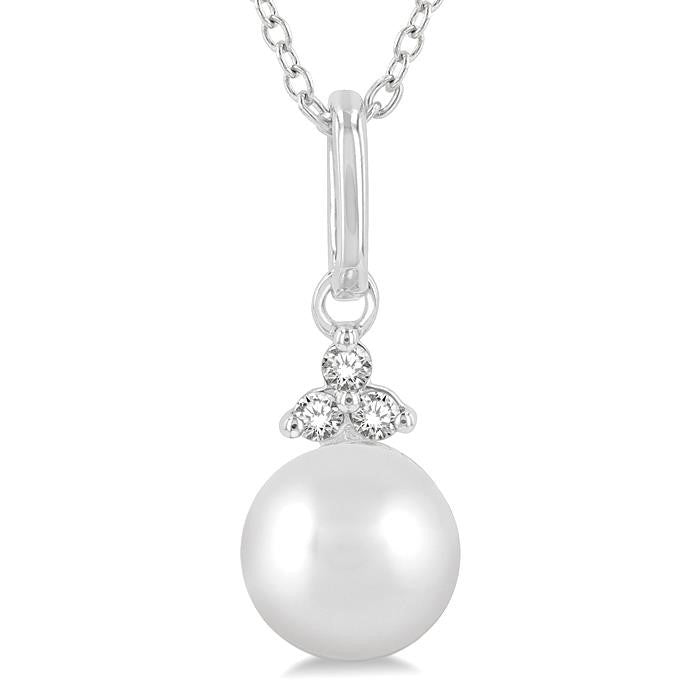 6 MM Round Shape Cultured Pearl and 1/50 Ctw Round Cut Diamond Petite Fashion Pendant With Chain in 10K White Gold