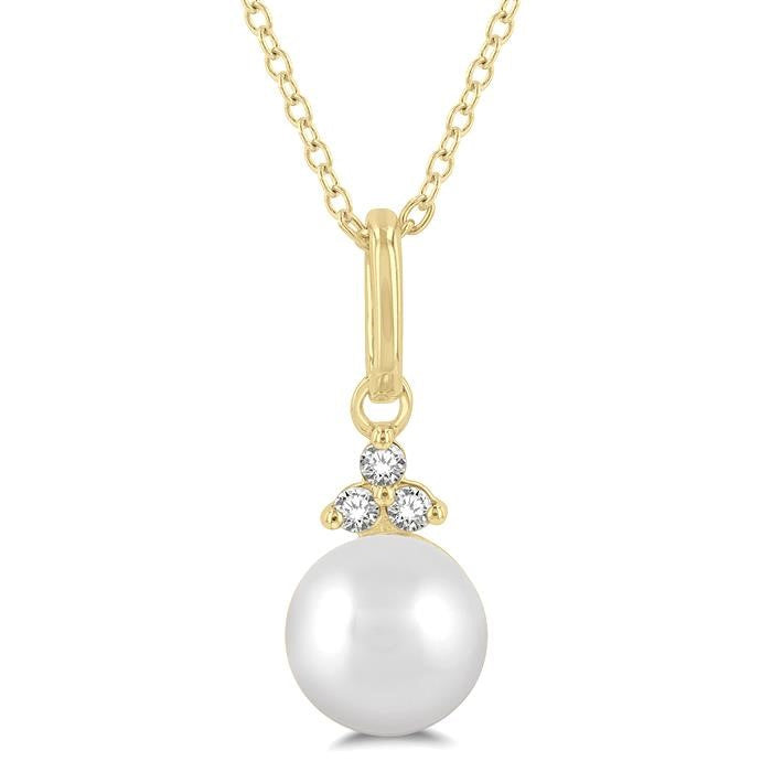 6 MM Round Shape Cultured Pearl and 1/50 Ctw Round Cut Diamond Petite Fashion Pendant With Chain in 10K Yellow Gold